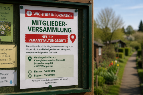 Aushangkasten in einer Kleingartenanlage mit Hinweis auf eine Mitgliederversammlung und einen neuen Veranstaltungsort.