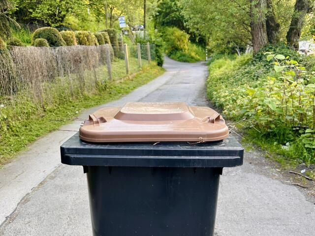 Biotonne vor der Einfahrt zum KGV Westerbusch am neuen Abstellort