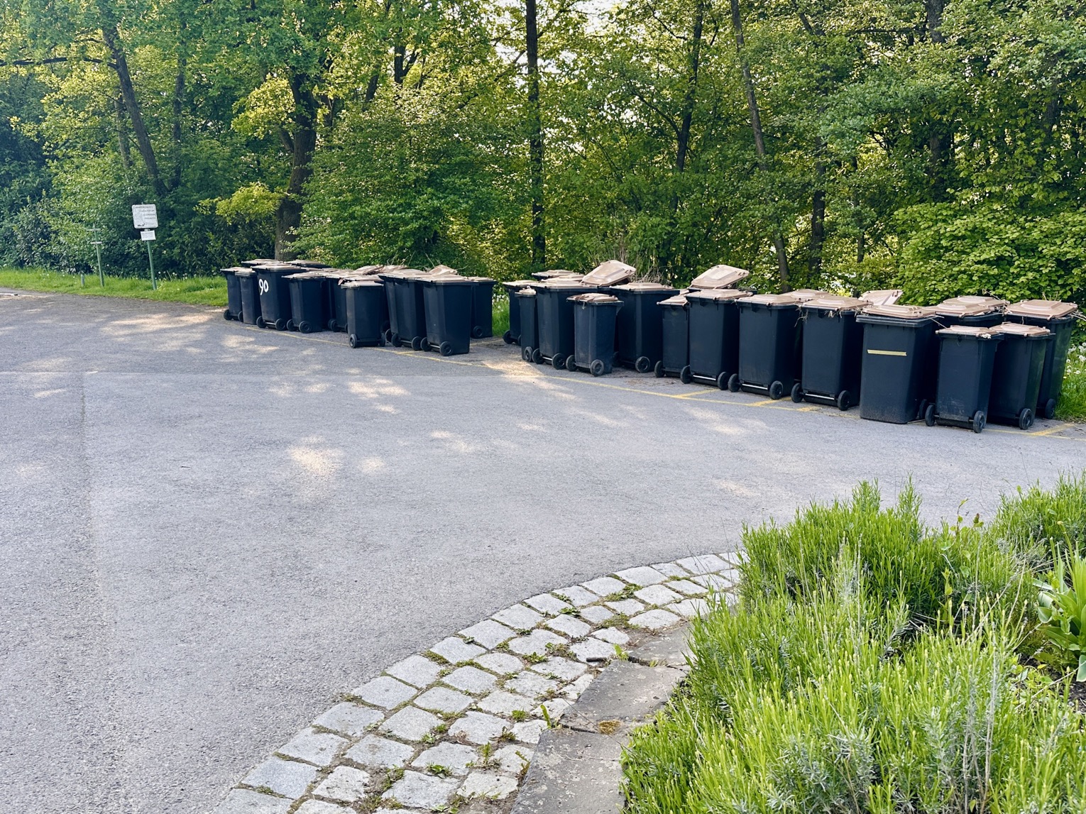 Bisherige Biotonnen-Stellplätze auf dem Parkplatz Bisherige Stellplätze der Biotonnen auf dem Parkplatz des KGV Westerbusch